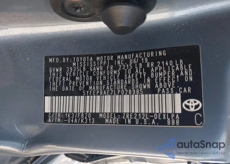 2020 Toyota Corolla Le from USA, damaged, VIN 5YFEPRAE7LP028985
